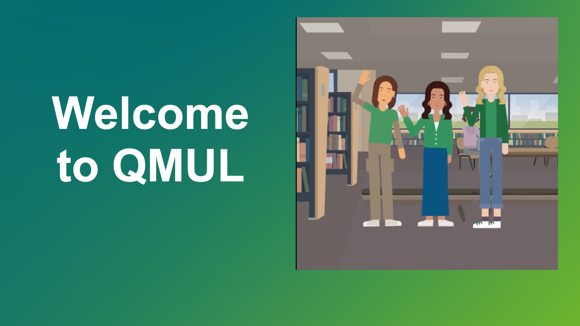 Welcome to TELT is written in white letters on a green background. An animated image includes three animated female students waving in a library.