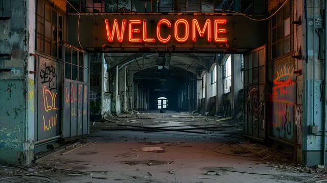 A red welcome sign in neon lights at the top of the picture. It appears to be the inside of a building possibly in the foyer.