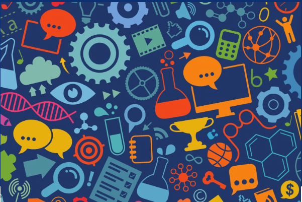 Colourful abstract pattern featuring science, technology, and education icons