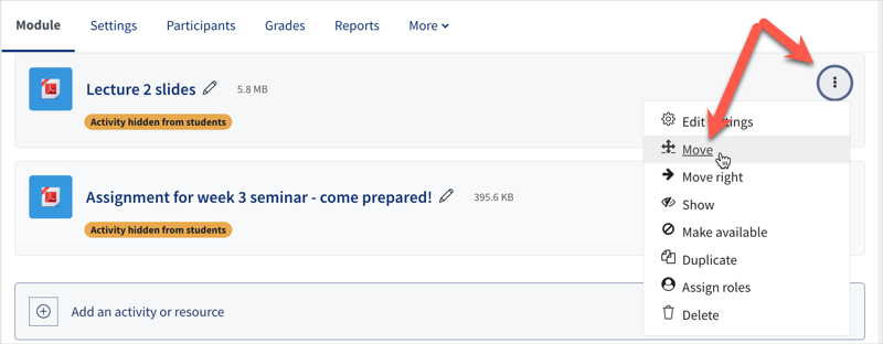 Moving items in QMplus