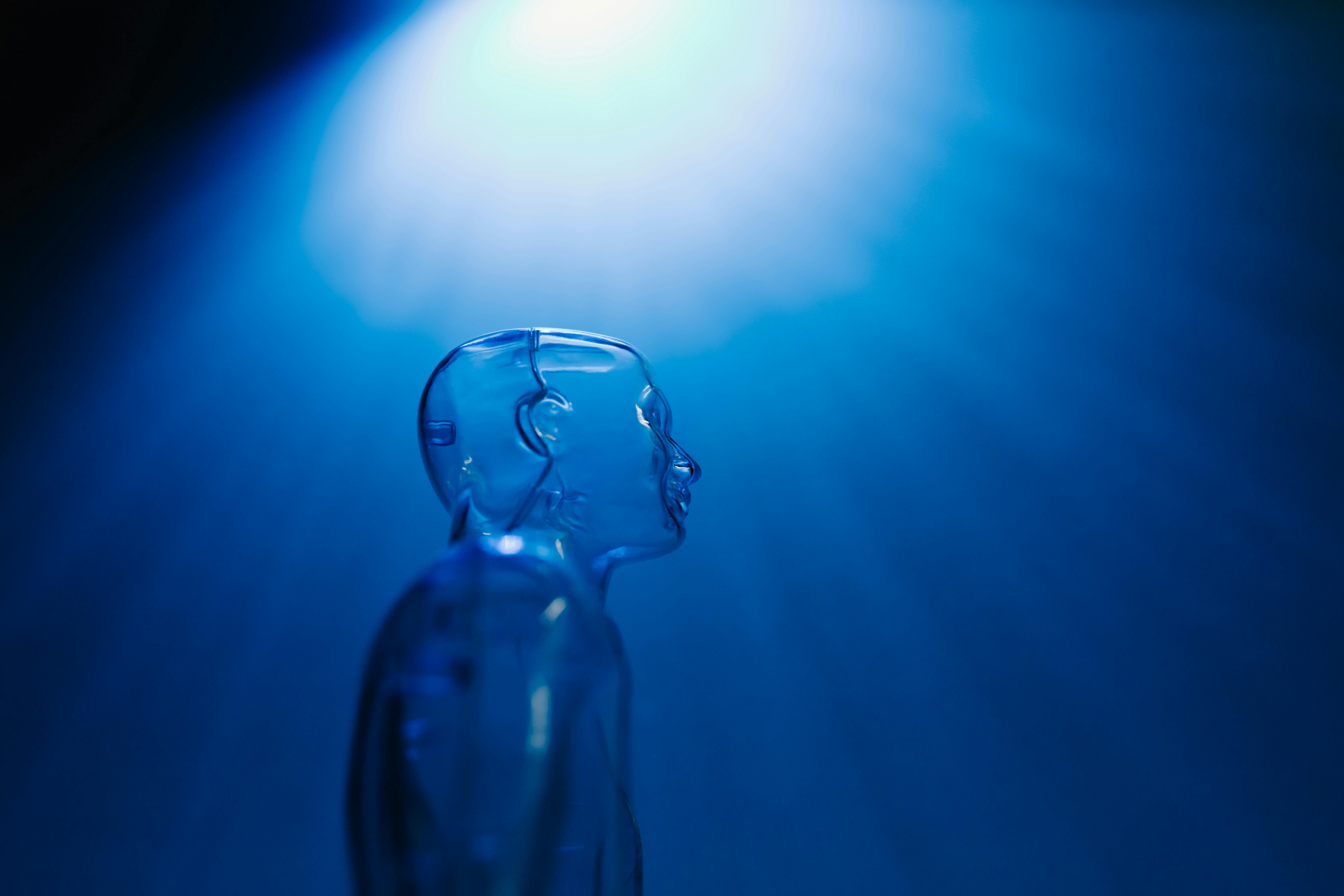 Translucent blue human figure with visible brain and spine, lit from above against a deep blue background