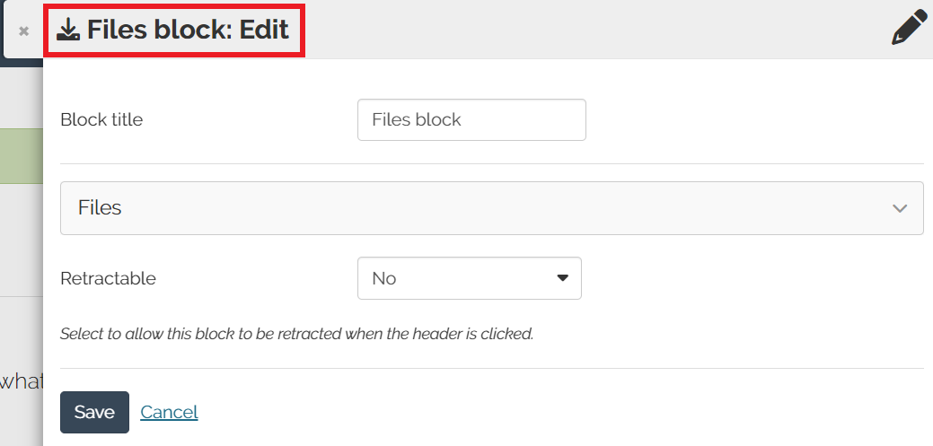 Screen shot of QMplus Hub - editing a Files block