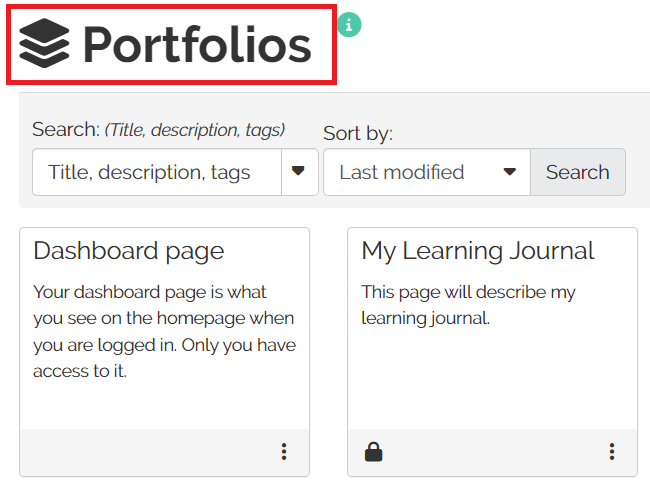 QMplus hub and the Portfolios page. A search box to look for title, tags and description. A sort option.