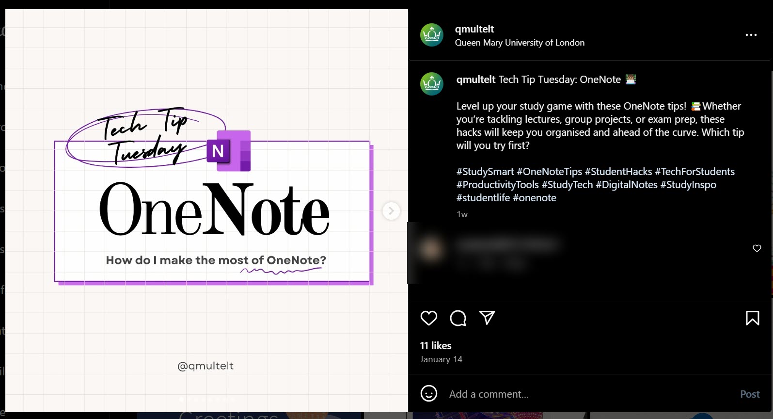 Instagram post with One Note Tips