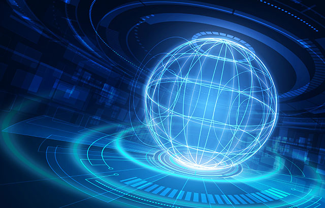 A blue orb made up of interconnecting lines radiating waves outwards.