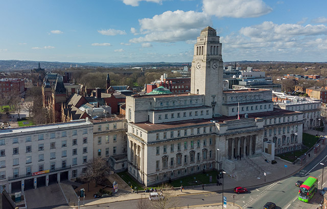 Leeds University Great Hall building aerial view looking north towards Headingley