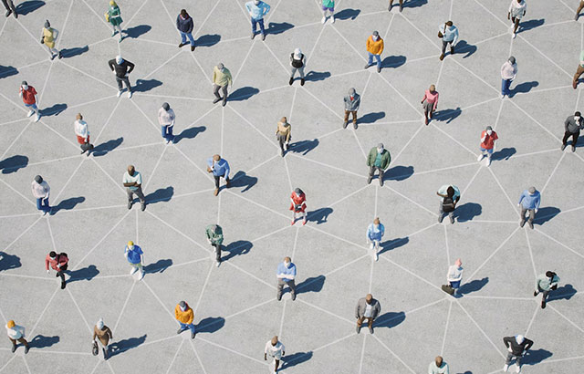 Illustration of a group social distancing