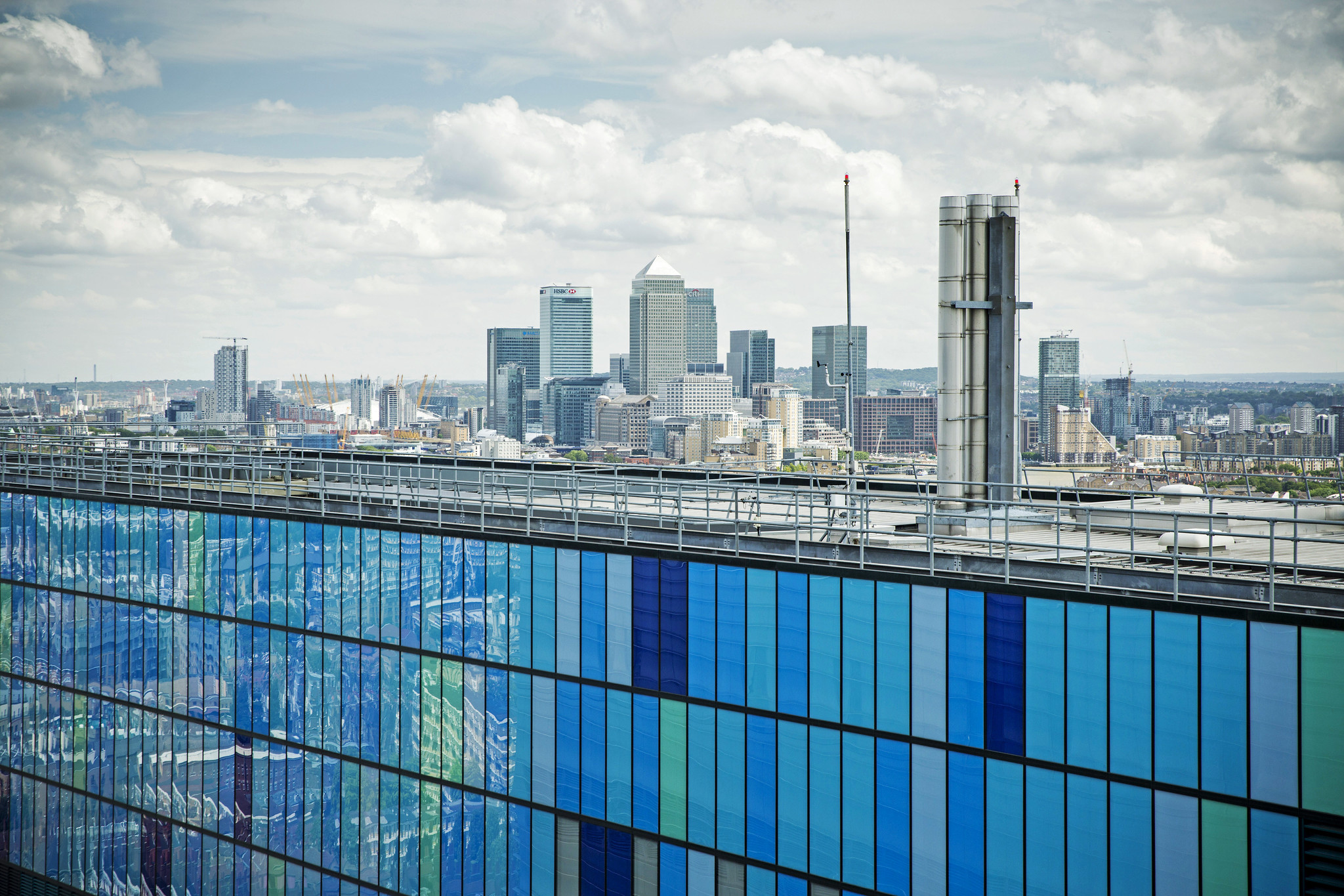 View of London with a blue building in the foreground